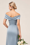 Dusty Blue Sheath Off The Shoulder Ruched Bridesmaid Dress with Slit