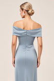 Dusty Blue Sheath Off The Shoulder Ruched Bridesmaid Dress with Slit