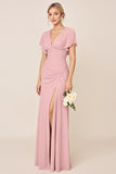 Candy Pink Sheath V-Neck Long Bridesmaid Dress with Slit