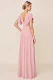 Candy Pink Sheath V-Neck Long Bridesmaid Dress with Slit