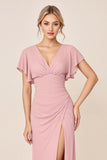 Candy Pink Sheath V-Neck Long Bridesmaid Dress with Slit