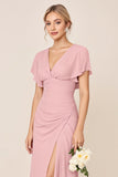 Candy Pink Sheath V-Neck Long Bridesmaid Dress with Slit