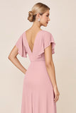 Candy Pink Sheath V-Neck Long Bridesmaid Dress with Slit