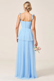 A Line Spaghetti Straps Tulle Sky Blue Long Bridesmaid Dress