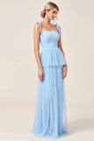 A Line Spaghetti Straps Tulle Sky Blue Long Bridesmaid Dress