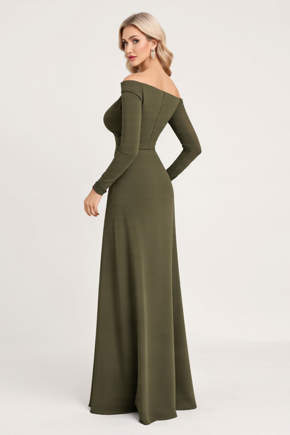Wedtrend Women Olive Bridesmaid Dress with Slit A Line Off The Shoulder Long Sleeves Ruched Wedding Guest Dress, Olive / US26W Wedtrend Women Olive Bridesmaid Dress with Slit A Line Off The Shoulder Long Sleeves Ruched Wedding Guest Dress, Olive / US26W