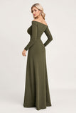 A Line Off The Shoulder Ruched Olive Bridesmaid Dress with Long Sleeves
