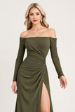 A Line Off The Shoulder Ruched Olive Bridesmaid Dress with Long Sleeves