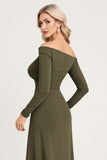 A Line Off The Shoulder Ruched Olive Bridesmaid Dress with Long Sleeves