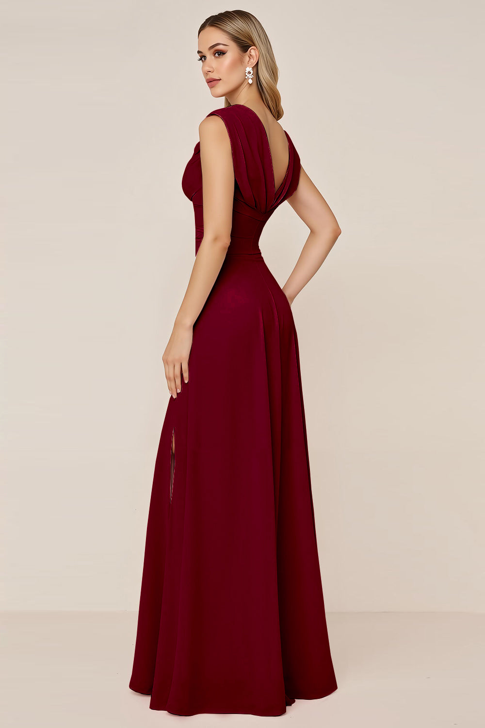 WEDTREND Women Burgundy Bridesmaid Dress with Slit A Line Cowl Neck Ruched Wedding Guest Dress WEDTREND Women Burgundy Bridesmaid Dress with Slit A Line Cowl Neck Ruched Wedding Guest Dress