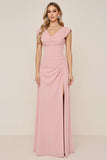 Candy Pink A Line Cowl Neck Long Bridesmaid Dress with Slit