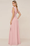 Candy Pink A Line Cowl Neck Long Bridesmaid Dress with Slit