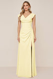 Candy Pink A Line Cowl Neck Long Bridesmaid Dress with Slit