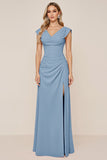 Candy Pink A Line Cowl Neck Long Bridesmaid Dress with Slit