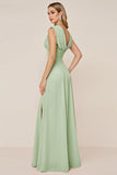 Candy Pink A Line Cowl Neck Long Bridesmaid Dress with Slit