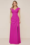 Candy Pink A Line Cowl Neck Long Bridesmaid Dress with Slit