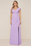 Candy Pink A Line Cowl Neck Long Bridesmaid Dress with Slit