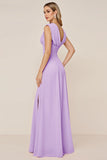 Candy Pink A Line Cowl Neck Long Bridesmaid Dress with Slit