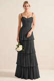 Lilac A-Line Spaghetti Straps Tiered Chiffon Long Bridesmaid Dress