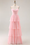 Blush Pink A-Line Pleated Chiffon Tiered Long Bridesmaid Dress with Ruffles