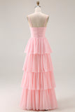Blush Pink A-Line Pleated Chiffon Tiered Long Bridesmaid Dress with Ruffles