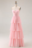 Blush Pink A-Line Pleated Chiffon Tiered Long Bridesmaid Dress with Ruffles