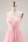 Blush Pink A-Line Pleated Chiffon Tiered Long Bridesmaid Dress with Ruffles
