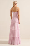Lilac A-Line Spaghetti Straps Tiered Chiffon Long Bridesmaid Dress