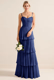 Lilac A-Line Spaghetti Straps Tiered Chiffon Long Bridesmaid Dress