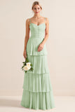 Lilac A-Line Spaghetti Straps Tiered Chiffon Long Bridesmaid Dress