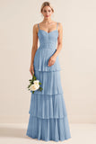 Lilac A-Line Spaghetti Straps Tiered Chiffon Long Bridesmaid Dress