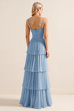Lilac A-Line Spaghetti Straps Tiered Chiffon Long Bridesmaid Dress