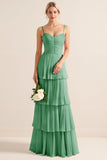 Lilac A-Line Spaghetti Straps Tiered Chiffon Long Bridesmaid Dress