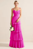 Lilac A-Line Spaghetti Straps Tiered Chiffon Long Bridesmaid Dress