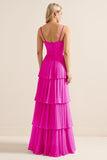 Lilac A-Line Spaghetti Straps Tiered Chiffon Long Bridesmaid Dress