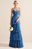 Lilac A-Line Spaghetti Straps Tiered Chiffon Long Bridesmaid Dress