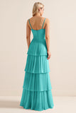 Lilac A-Line Spaghetti Straps Tiered Chiffon Long Bridesmaid Dress