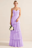 Lilac A-Line Spaghetti Straps Tiered Chiffon Long Bridesmaid Dress