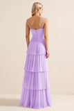 Lilac A-Line Spaghetti Straps Tiered Chiffon Long Bridesmaid Dress