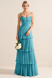 Lilac A-Line Spaghetti Straps Tiered Chiffon Long Bridesmaid Dress