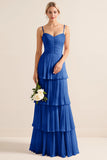 Lilac A-Line Spaghetti Straps Tiered Chiffon Long Bridesmaid Dress