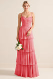 Lilac A-Line Spaghetti Straps Tiered Chiffon Long Bridesmaid Dress