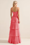 Lilac A-Line Spaghetti Straps Tiered Chiffon Long Bridesmaid Dress