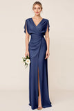 Sheath Wrap V Neck Chiffon Light Blue Long Bridesmaid Dress