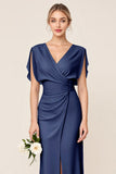 Sheath Wrap V Neck Chiffon Light Blue Long Bridesmaid Dress