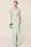 Sheath Wrap V Neck Chiffon Light Blue Long Bridesmaid Dress
