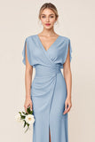 Sheath Wrap V Neck Chiffon Light Blue Long Bridesmaid Dress
