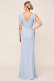 Sheath Wrap V Neck Chiffon Light Blue Long Bridesmaid Dress
