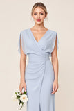 Sheath Wrap V Neck Chiffon Light Blue Long Bridesmaid Dress