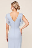 Sheath Wrap V Neck Chiffon Light Blue Long Bridesmaid Dress